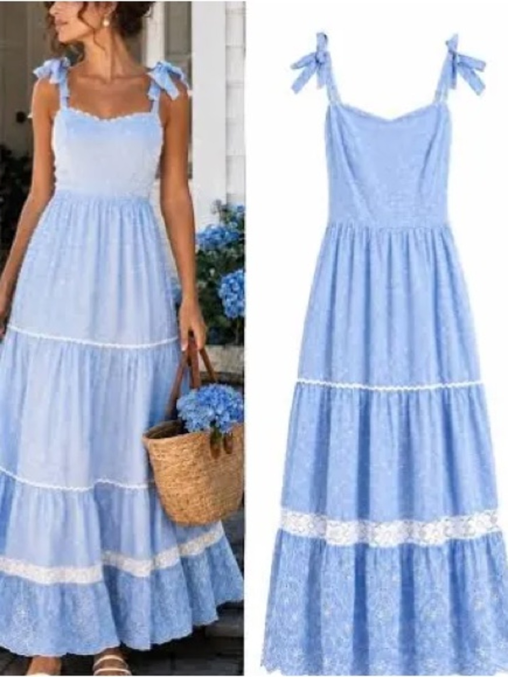 Shabby Chic Blue Swiss Dot Tie Strap Midi Dress with Eyelet Hem Size M